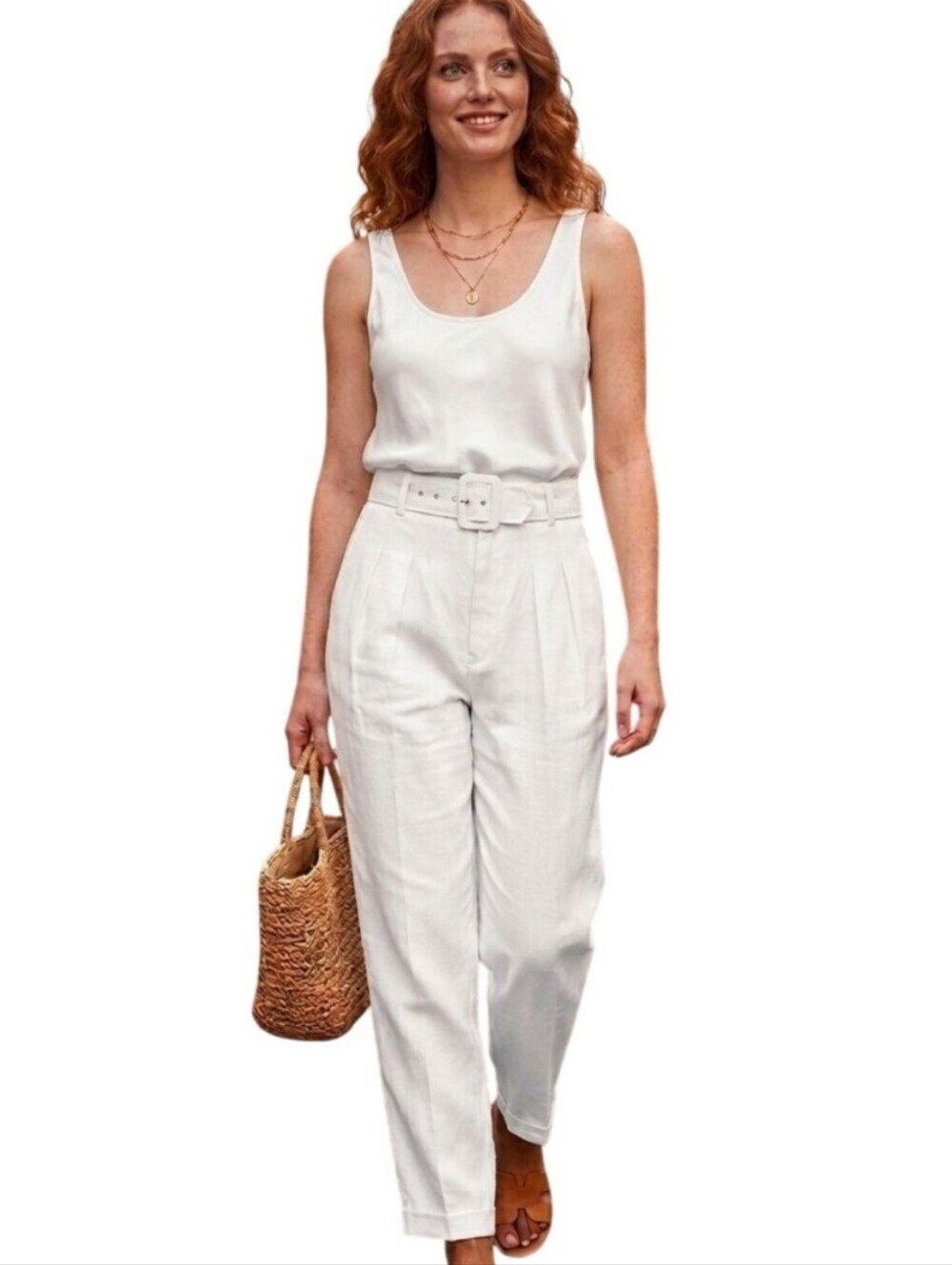 Casual Corner NWT Linen Blend Belted Cuffed Pleated Ivory Dress Pants Size 8